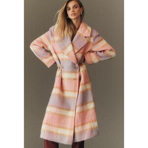 Maeve Wool-Blend Plaid Long Coat Pastel Pink Textured M